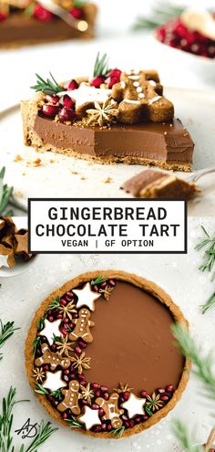 a slice of gingerbread chocolate tart on top of a white plate with christmas decorations