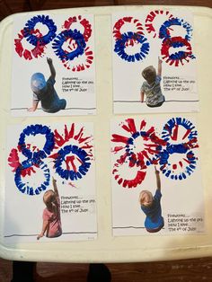 four pictures of children with red, white and blue handprinted letters on them