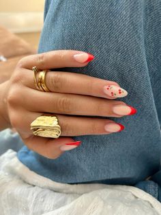 Cute cherry nails- with red french tips and cute cherry stickers🍒 Summer Cherry Nails, Beautiful Red Nails, Red Nail Theory, Red Tip Nails, Nail Theory, Fruit Nail Designs, The Man Of My Dreams, Man Of My Dreams, Almond Acrylic