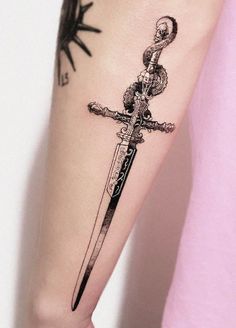 Gothic Dagger Tattoo, Dagger Tattoo Meaning, Feminine Dagger Tattoo, Rose And Dagger Tattoo, Snake And Dagger Tattoo, Dagger Tattoos, Traditional Dagger Tattoo, Underarm Tattoo, Tat Inspiration