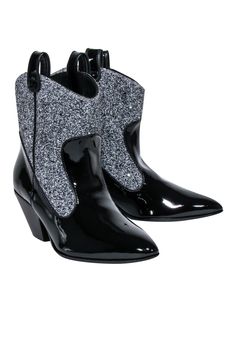 Current Boutique-Guiseppe Zanotti - Black Western Style Booties w/ Silver Glitter Sz 9 Glitter Ankle Boots For Evening, Chic Sequined Pointed Toe Boots, Evening Boots With Glitter And Pointed Toe, Glitter Boots With Pointed Toe For Evening, Glitter Pointed Toe Boots For Evening, Glitter Pointed Toe Evening Boots, Trendy Sparkling Boots For Fall, Glitter Boots For Evening In Fall, Black Sparkling Boots For Party