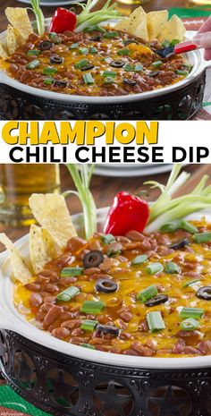 two pictures showing different types of chili cheese dips with chips on top and in the bottom