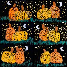 four pumpkins painted on black paper with yellow and orange dots in the middle, one is