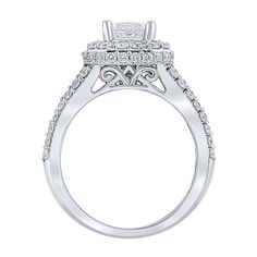 a white gold engagement ring with two rows of diamonds on the band and an intricate halo setting