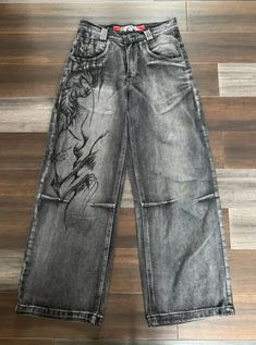 2024 New Harajuku Vintage Print Jeans Y2K Women Washed Gray Straight Pants Street Gothic Loose Pants Craft, High Waist Wide Leg Pants, Wide Trousers, Jeans Y2k, Printed Jeans, Loose Jeans, Street Outfit, Embroidered Jeans, Ankle Length Pants