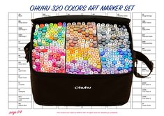 a bag filled with lots of different colored beads on top of a white sheet that says ohuhi 300 colors art market set