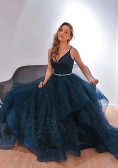 Prom Dress Blue, Blue Formal Dress, Blue Ball Gowns, Green Tulle, Tulle Sleeves, Blue Dress Formal, Blue Tulle, Custom Size Dresses, Sweet 16 Dresses