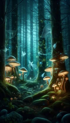 A mystical forest with glowing mushrooms and ethereal creatures peeking from behind the trees Wallpaper. Moody Iphone Wallpaper, Forest Spirit Art, Mystical Forest Art, Magical Mushroom Forest, Forest Lights, Mushrooms Wallpaper, Ethereal Forest, Hobbit Holes, Forest Mushrooms