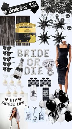 a collage of black and white items including balloons, paper stars, bride's day decorations