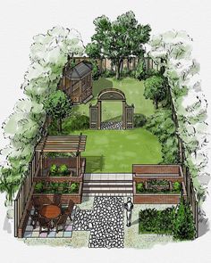 a drawing of a garden with trees and plants in the center, surrounded by stone walkways