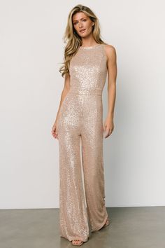 Gold Jumpsuit Wedding, Champagne Pantsuit, Rose Gold Outfits, Sequin Jumpsuit Outfit, Rose Gold Jumpsuit, Anniversary Outfits, Pink Ladies Outfit, Sequin Outfits, Gold Jumpsuit