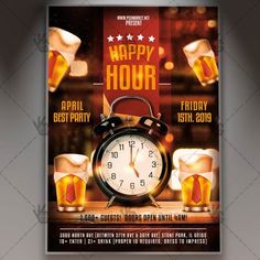 a flyer for a happy hour party with an alarm clock and mugs of beer