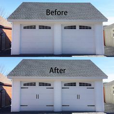 two garages side by side with the same door and windows before and after being painted white