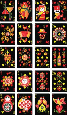 a series of playing cards with different designs and colors on the front, back and sides