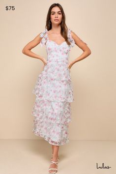 Your radiance is sure to stun when you wear the Lulus Endlessly Gorgeous White Floral Burnout Tie-Strap Midi Dress! Sheer woven organza, with a burnout floral pattern throughout, shapes tying shoulder straps that support a bustier-style bodice with a sweetheart neckline and seamed cups. Fitted waist tops a ruffled skirt that cascades to a midi hem. Hidden zipper/clasp at back. Fit: This garment fits true to size. Length: Mid-calf length. Size medium measures 43" from adjustable straps to hem. Bu Tiered Party Dress With Tie Straps, Spring Prom Midi Dress With Spaghetti Straps, Lace Midi Dress For Prom In Summer, Spring Sheer Midi Dress With Sweetheart Neckline, Elegant Sleeveless Dress With Transparent Straps, Spring Tiered Organza Dresses, Spring Sheer Dress With Sweetheart Neckline, Pink Organza Dress With Spaghetti Straps, Spring Fitted Organza Midi Dress