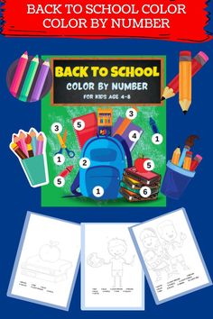 back to school color by number book for kids with backpacks, books and pencils