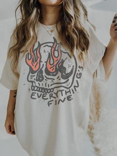 Everything Is Fine Shirt Skull Comfort Colors Tee  Boho Vintage Tee  Trendy Graphic Tee Easy 30 day return policy Graphic Designer Outfits Woman, Hipster Concert Outfit, Edgy Fall Outfits Women, Grafic Tshirts Outfit Ideas, Sublime Concert Outfit Ideas, Band Tshirt Designs, Trendy Tshirt Designs, Edgy Boho Outfits, Edgy Outfit