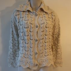 Nwd Womens Tina Demel Off-White Grandma Stitch Chunky Cardigan Sweater M * Retail: $145- Color: Off-White Size: Medium Rhinestone Button Closure Long Sleeves Unlined Material: 100% Polyester Measurements (Flat) : Shoulders: 17.2" Armpits: 19.5" Waist: 20.6" Sleeves: 21" Length: 21.8" Nwd, Some Buttons Are Missing Rhinestones (See Pics) Otherwise New With Defect. (Item-A) ..Tin_store1095- 4** Cozy White Tops With Buttons, White Hand Knitted Casual Cardigan, White Open Knit Outerwear For Fall, White Buttoned Cozy Top, Winter White Hand Knitted Top, White Cable Knit Classic Outerwear, White Hand Knitted Tops For Fall, Winter Hand Knitted White Top, Cozy White Buttoned Top