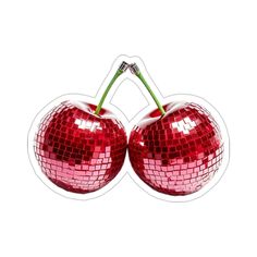 two shiny red cherries with green stems sticking out of the top and one on each side