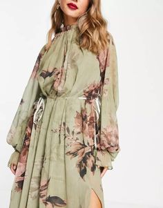 ASOS DESIGN high neck midi dress with channel detail in large scale floral | ASOS Spring High Neck Midi Dress, High Neck Midi Dress For Spring, Floral Print Midi Mini Dress For Daywear, Chic Spring High-neck Maxi Dress, Chic High Neck Midi Dress For Daywear, Summer High Neck Green Midi Dress, High Neck Green Midi Dress For Summer, Green Floral Midi Dress For Daywear, Green High Neck Spring Dress