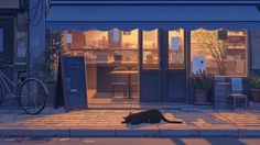 a black cat sitting on the sidewalk in front of a restaurant at night with its eyes closed