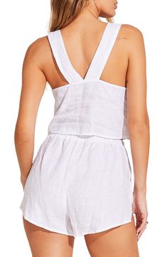 You'll feel like a vintage starlet when you're walking along the beach in this linen cover-up top with a cropped length that dramatically catches the breeze. Square neck Sleeveless 100% linen Hand wash, dry flat Imported White Linen Top For Beach Season, White Linen Beachwear Tops, Linen Beachwear Tops For Summer, Breezy Linen Tops For Vacation, Linen Tops For Summer Beachwear, Summer Linen Beach Tops, Linen Tops For Beach Season Vacation, Summer Linen Tops For Vacation, Breezy Linen Beach Top