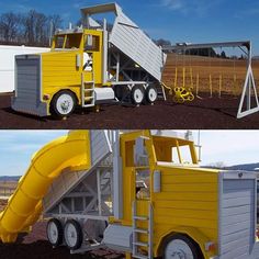 two pictures of a yellow truck with a slide