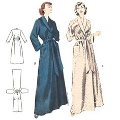 "Round the House comfort - a smartly styled robe. Luxurious shawl collar effects a surplice closing. Sleeves have turned back cuff effect. Patch pockets are roomy. (B) Contrast the cuff and collar faxing and tie belt. Offered as: Paper Pattern or the Original Pattern This pattern is also available as a PDF download: https://www.etsy.com/uk/shop/VintagePatternsSewBI?ref=seller-platform-mcnav&search_query=6329 Skill Level: Intermediate Size Guide: Bust: 32\" (81.3cm) Waist: 26.5\" (67.3cm) Hips: 3 Dressing Gown Pattern, Mens Dressing Gown, Dress Shawl, 1950s Patterns, 1950s Sewing Patterns, Kimono Dressing Gown, Dresses By Pattern, Vintage Slip, Gown Pattern