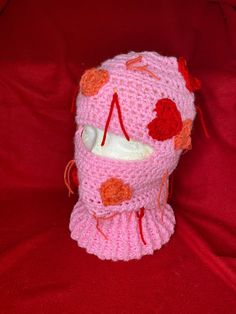 Sm/med handmade pink ski mask, red and pink hearts Pink Full Face Balaclava For Winter, Handmade Pink Winter Hat, Pink Warm Hat As A Gift, Pink Warm Hat For Gift, Warm Pink Hat For Gift, Pink Ski Mask, Crochet Ski Mask, Ski Mask, Pink Hearts