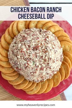 chicken bacon ranch cheeseball dip on a red plate with crackers and text overlay