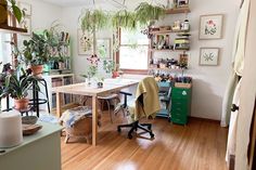 a room filled with lots of potted plants next to a wooden table and chair