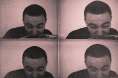 multiple shots of a man eating pizza and looking at the camera with different facial expressions