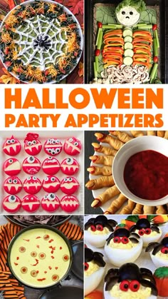 halloween party appetizers and desserts with text overlay