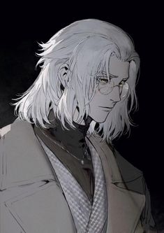 an anime character with long white hair and glasses, wearing a gray suit jacket in the dark