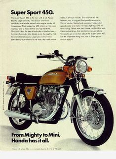 an advertisement for the honda motorcycle shows a brown and black motorbike with white lettering