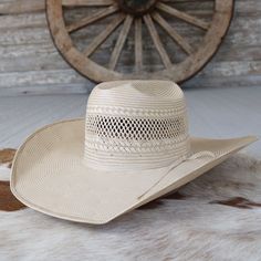 100X Straw Crown: 4 1/2" Brim: 5" Front: 7" Long Oval Sizes: 6 3/4 - 7 3/4 Made in USA Hand Shaped crown & brim will vary slightly. Straw Cowboy Hat, Hand Shapes, Cowboy Hat, Hat Sizes, Cowboy Hats, Made In Usa, Straw, Cowboy, Crown