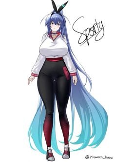 an anime character with long blue hair wearing black pants and white shirt, standing in front of