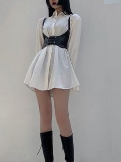 Shirt Dress With Corset Belt, Corset Over Shirt, Dress With Corset Belt, Outfit With Corset, Shirt Dress With Corset, Corset Belt Outfit, Corset Outfit, Dress With Corset, Korean Fashion Dress