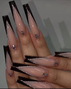 Long Coffin Acrylic Nails Black, Fancy Black Nails Classy, Black Nails With Rhinestones Coffin, Red And Black Graduation Nails, Black And Diamond Nails, Black Birthday Nail Designs, Graduation Nails Acrylic Black, Square And Stiletto Nails Together