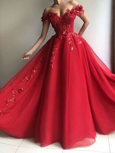 A-Line/Princess Chiffon Off-the-Shoulder Sleeveless Applique Floor-Length Dresses Gaun Abad Pertengahan, Red Lace Prom Dress, Prom Dresses Long Lace, Floral Prom Dresses, 파티 드레스, Tulle Evening Dress, Lace Formal Dress, Evening Gowns Elegant, Long Prom Dresses