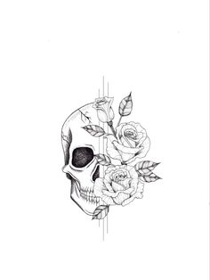 a black and white drawing of a skull with roses