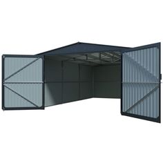 an open garage door on top of a metal structure with two sides opened and one side closed