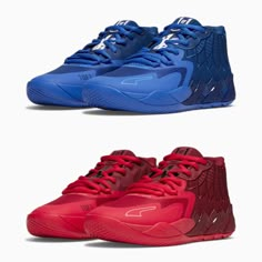 two pairs of basketball shoes with red and blue soles on the bottom, one in front