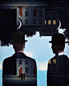 two men are looking at each other in front of a house with the moon above them