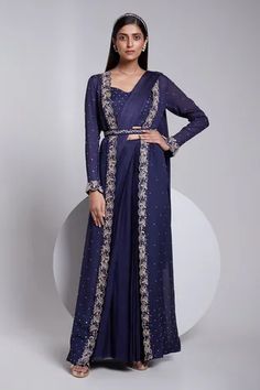 Shop for Rajkumari and Suresh Blue Crepe And Crush Satin Silk Embroidered Jacket And Pre-draped Saree Set for Women Online at Aza Fashions Embroidered Pre-draped Saree With Long Sleeves For Reception, Long Sleeve Pre-draped Saree With Zari Work, Embroidered Pre-draped Saree For Party, Long Sleeve Embroidered Pre-draped Saree For Party, Embroidered Long Sleeve Pre-draped Saree For Party, Long Sleeve Pre-draped Saree With Resham Embroidery, Festive Embroidered Pre-draped Saree With Long Sleeves, Festive Embroidered Long Sleeve Pre-draped Saree, Fitted Long Sleeve Embroidered Pre-draped Saree