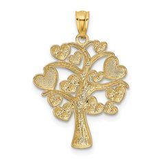 14k Yellow Gold with Rhodium Solid Polished Finish Open Back Tree of Life with Hearts Charm Pendant, Average Weight 1.28 gm, Length of Item 27.16 mm, Width of Item 19.4 mm White Gold Tree, Gold Tree Of Life, Round Wedding Band, Gold Tree, Heart Tree, Rose Jewelry, White Gold Wedding, Tree Pendant, Gold Polish