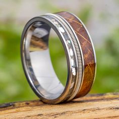 Whiskey Barrel and Guitar String Wedding Band for Men Guitar String Ring, String Ring, Life Ring, Engraving Fonts, Titanium Wedding Band, Mokume Gane, Wedding Day Inspiration, Wood Ring, Whiskey Barrel