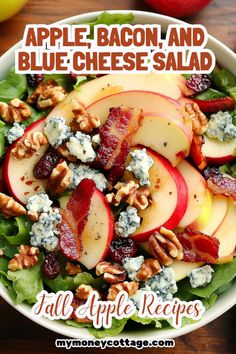 an apple bacon and blue cheese salad in a bowl