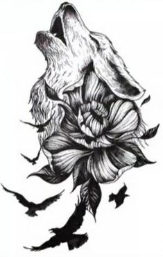 a drawing of a wolf with flowers and birds