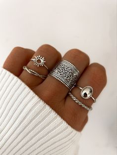 Silver Rings Combination, Rings Models, Silver And Gold Rings, Ethereal Jewelry, Sun Ring, Surf Jewelry, Fish Jewelry, Sweet Jewelry